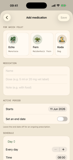 Add medication with dose, active period, and schedule