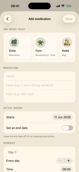 Add medication with dose, active period, and schedule