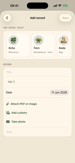 Add vet, insurance, or ID record with PDF and photo attachments