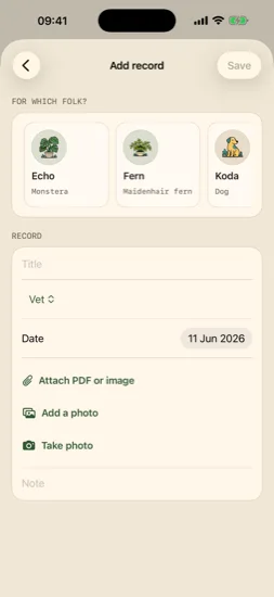 Add vet, insurance, or ID record with PDF and photo attachments