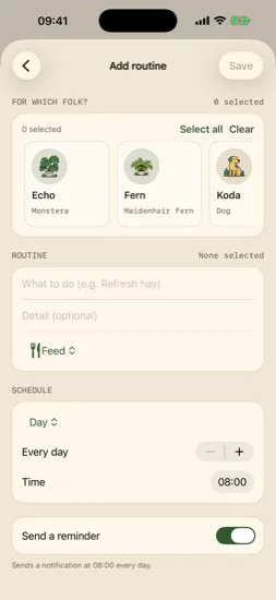 Add custom routine with schedule and reminder toggle