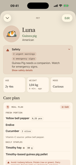 Guinea pig care page with meal plan