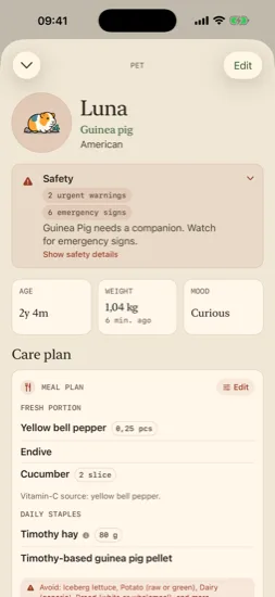 Guinea pig care page with meal plan