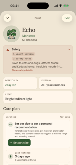 Monstera care page with safety warning and care plan