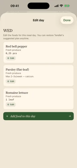 Editing one day's meals with per-food feeding-frequency cautions