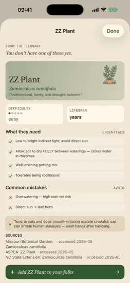 ZZ Plant library profile with care essentials, common mistakes, and cited sources