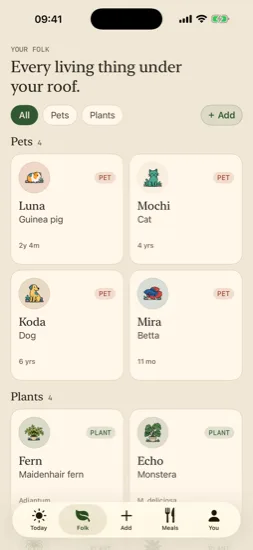 Tendlet folk grid with pets and plants