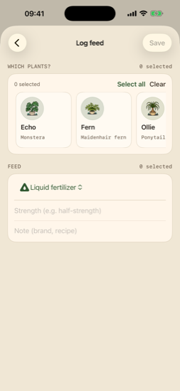 Plant feed logging with fertilizer type, strength, and note