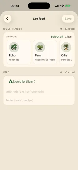 Plant feed logging with fertilizer type, strength, and note