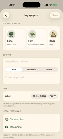 Symptom logging with severity, back-dating, and photos for pets and plants