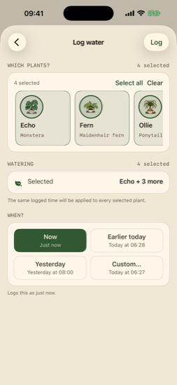 Water logging with multi-select plant tiles