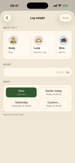 Pet weight logging with quick when options