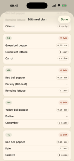 Day-by-day meal cards, each editable, with varied foods across the week