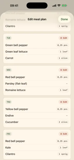 Day-by-day meal cards, each editable, with varied foods across the week