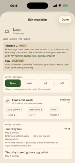 Meal plan editor with species nutrition needs and weekly food list