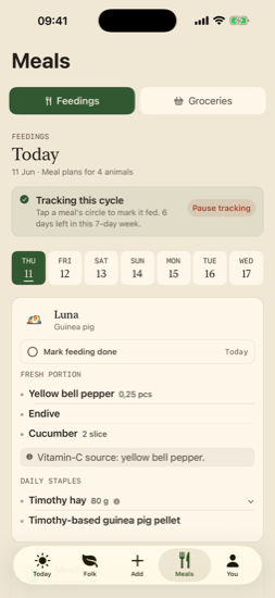 Seven-day feeding cycle with per-animal meal plans