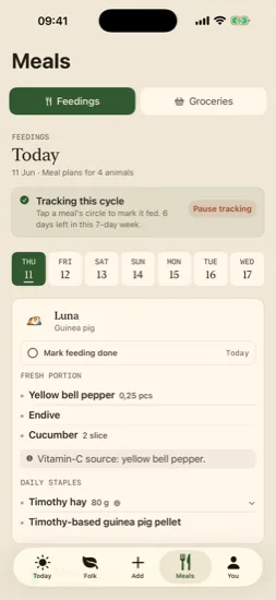 Seven-day feeding cycle with per-animal meal plans