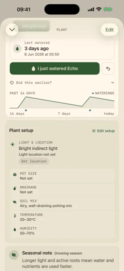 Plant toolkit with watering history, setup profile, and seasonal note