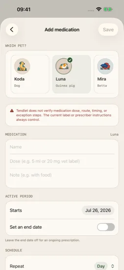 Current medication setup for Luna with safety warning, active period, and schedule