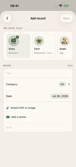Current record form for Echo with category, date, PDF, and photo attachments