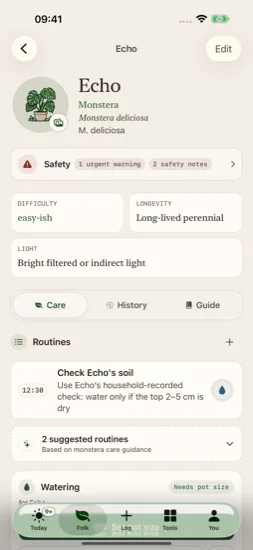 Echo's current Monstera care page with safety and care tabs