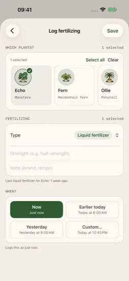 Current fertilizing log for Echo with fertilizer type, strength, and time