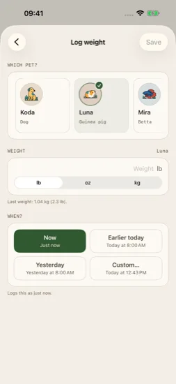 Current pet weight log for Luna with quick time options