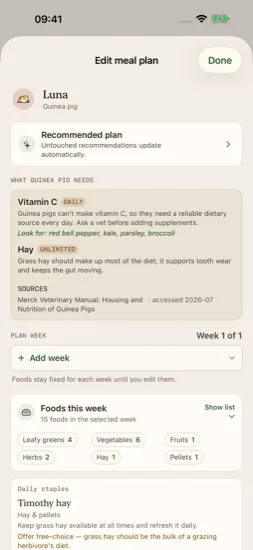 Current meal plan editor with species nutrition needs and a collapsed weekly food summary