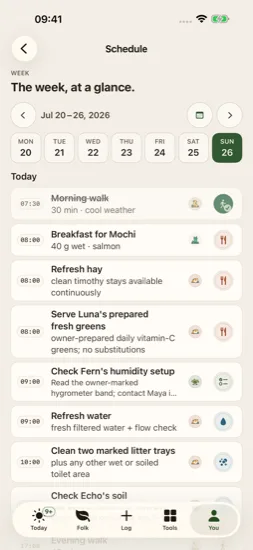Current week-at-a-glance schedule with the demo household's care timeline
