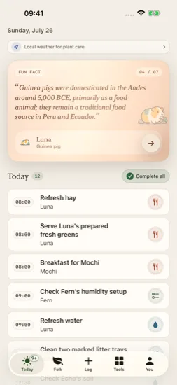 Current Tendlet Today screen with a fun fact and household care