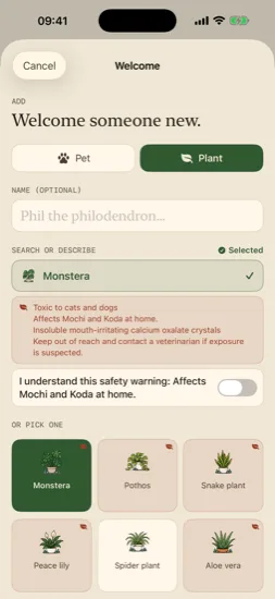 Adding a Monstera warns it is toxic to the cats and dogs in this household