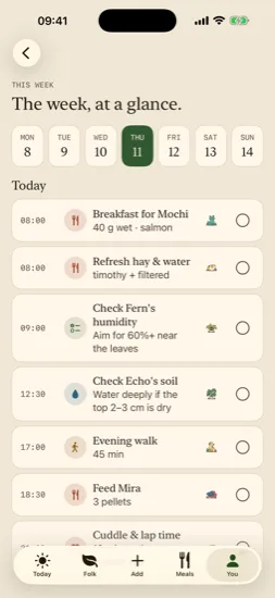 Week-at-a-glance schedule with day timeline of care routines