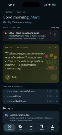 Today screen in the Tide palette, dark mode