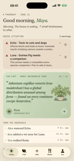 Tendlet Today screen with warnings, fun fact, and household activity